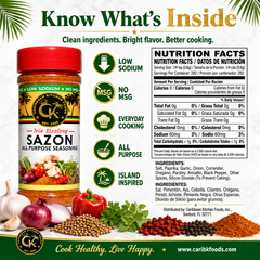 Caribbean Kitchen Foods SAZÓN Seasoning – Low Sodium - Latin Spice Blend with Achiote, Coriander, Garlic & Oregano – Organic, Non-GMO, Gluten-Free, Kosher, Vegan – 5 oz Jar