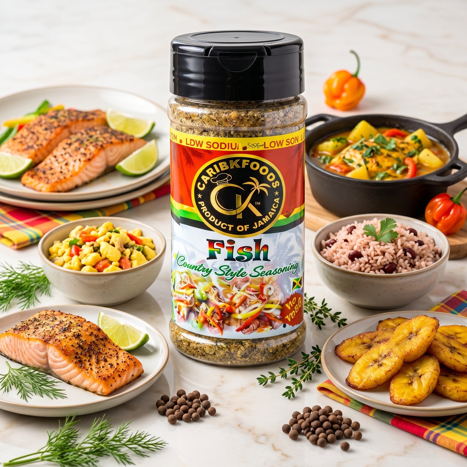 Caribbean Kitchen Foods Fish Seasoning - Low Sodium Caribbean Seasoning Blend, 4.5 oz Jar