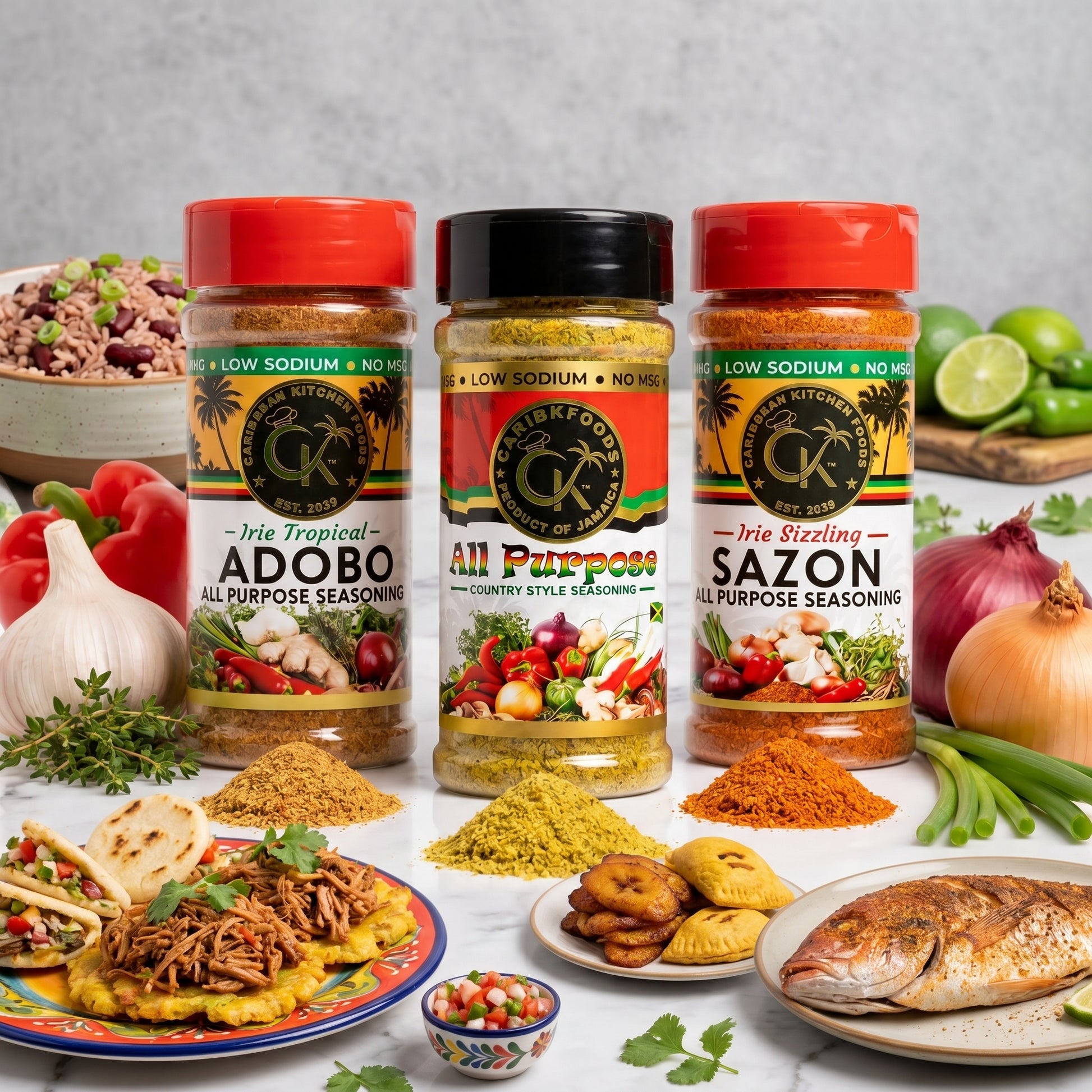 Caribbean Kitchen Foods All Purpose Bundle - 3 Pack Low Sodium Seasoning Set, 4.5 oz Jars