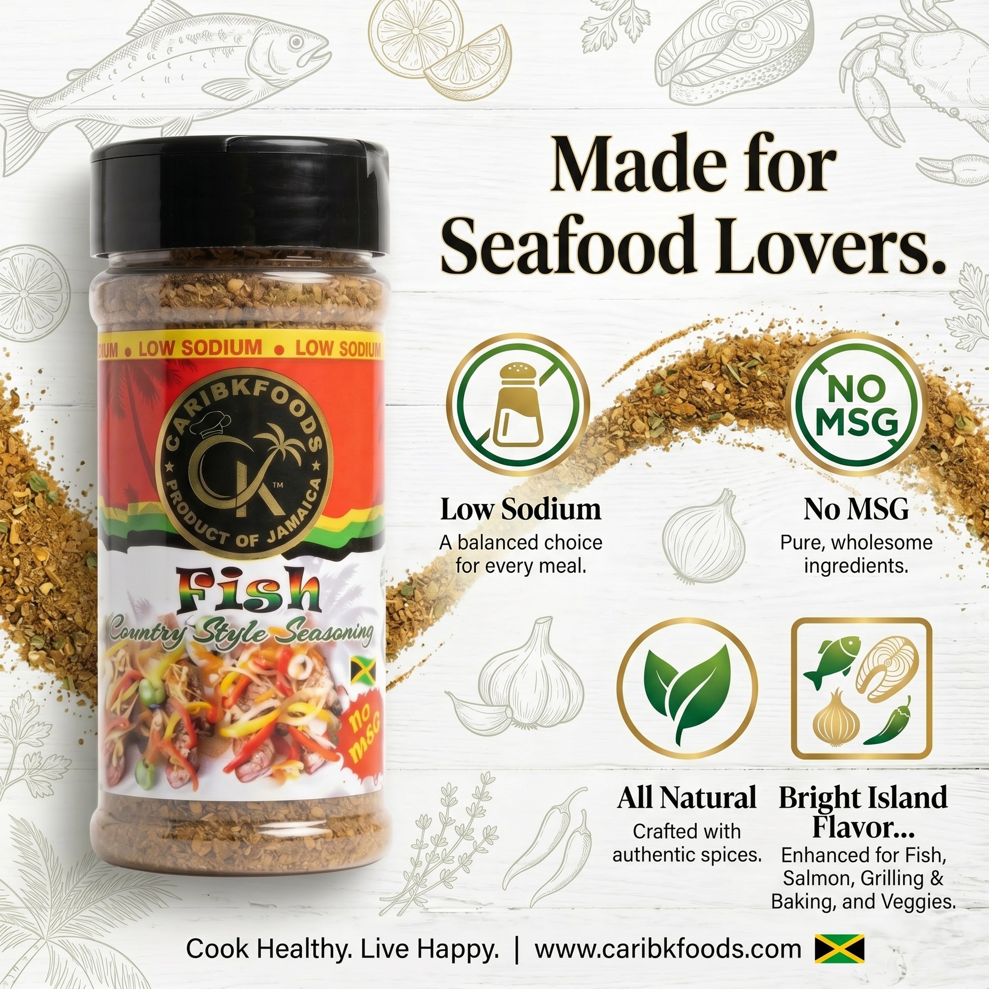Caribbean Kitchen Foods Fish Seasoning - Low Sodium Caribbean Seasoning Blend, 4.5 oz Jar